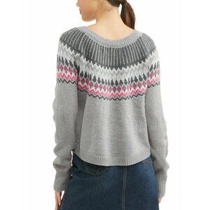 Fair Isles Sweater Womens Jr Small (S 3-5) Gray Raglan Sleeve Christmas Ski